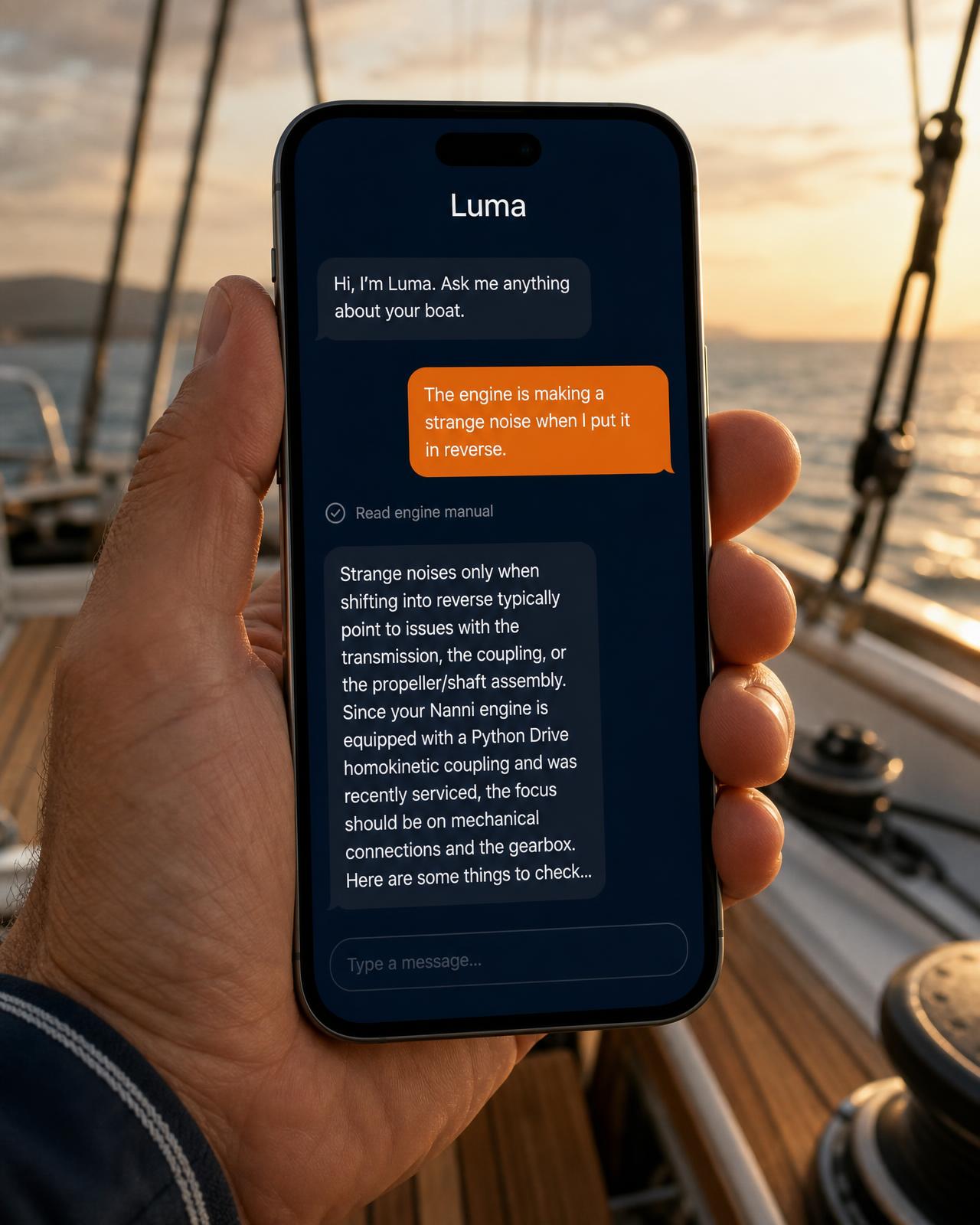 Close-up of a smartphone showing the Luma chat answering a question about a strange engine noise in reverse, on the deck of a yacht at golden hour