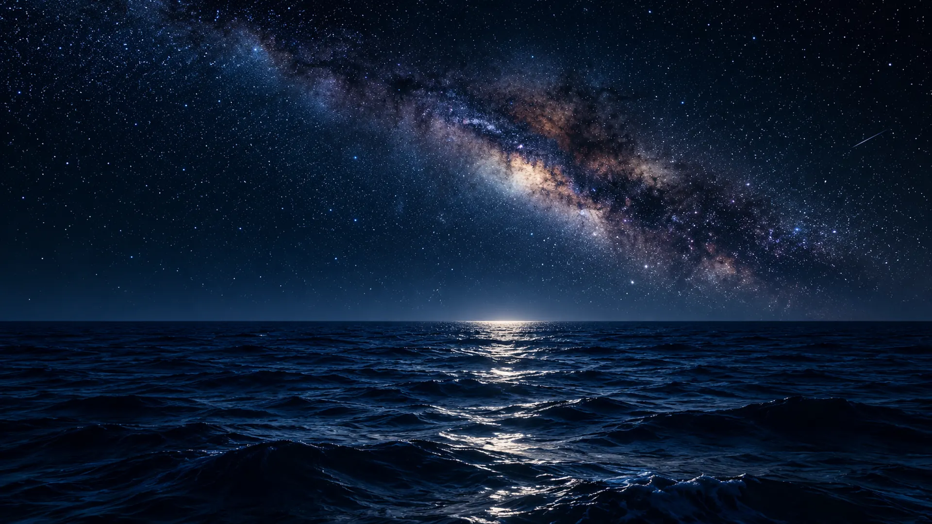 Starry night sky above a calm open sea